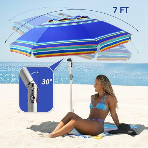 AMMSUN 7ft Heavy Duty High Wind Beach Umbrella Parasols with Sand Anchor Vent Tilt UPF 50+ Sun Protection Portable Outdoor...