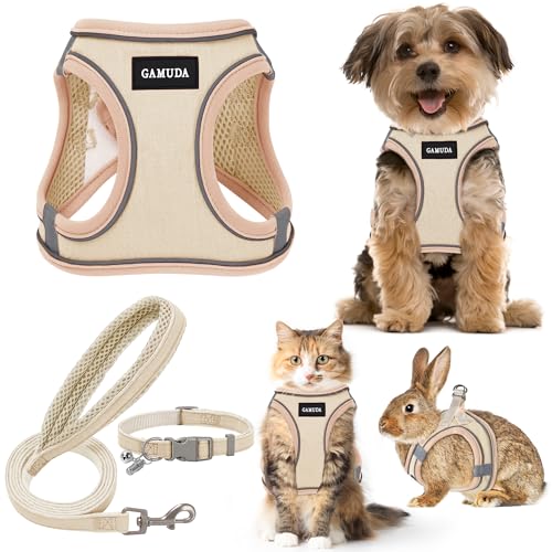 GAMUDA Small Pet Harness Collar and Leash Set, Step in No Chock No Pull Linen Fabric Soft Mesh Dog Vest Harnesses Reflecti...