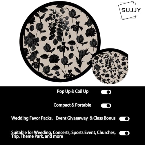SUJJY 4 Pack Elegant Black Plant Foldable Hand Fans, Versatile Round Handheld Fans for Travel, Events, Indoor and Outdoor...