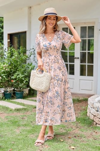 Women's Floral Maxi Dress Flowy V Neck Empire Waist Summer Wedding Guest Party Casual Chiffon Dress