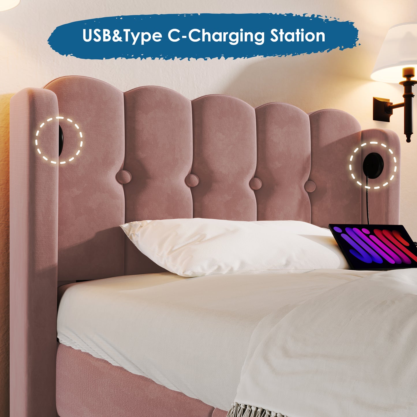 Upholstered Single Bed With USB And Type-C Charging, 3FT Bed Frame With Wooden Slatted Frame, Teenager Bed For Bedroom & Guest Room, 90 X 190 Cm, Pink, Velvet   No Mattress  .