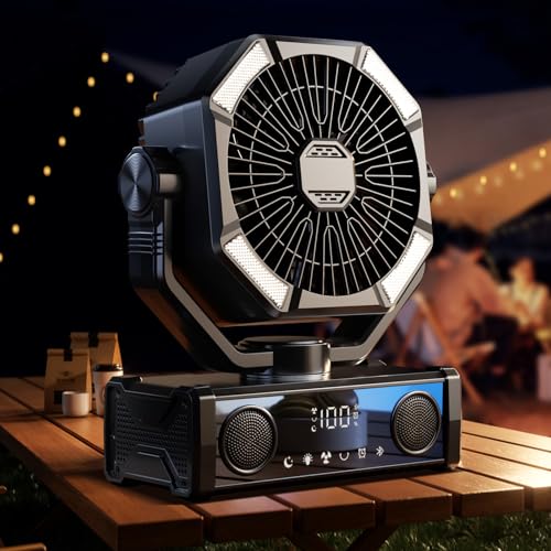 Portable fan rechargeable with 5.3 Bluetooth Speaker, 25000mAh Camping Fan with 5 Speed Touch Control & 3-Mode LED Light, ...