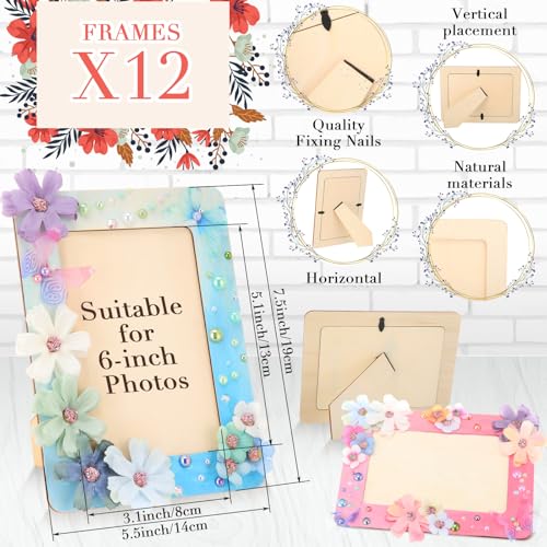 Teenyyou 12 Pack DIY Flower Picture Frame Painting Craft Kit 7.5 x 5.5 Summer Pearl 3D Butterfly Unfinished Wooden Photo F...