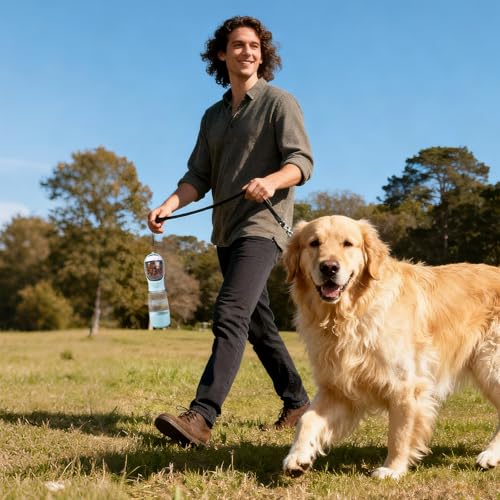 Dbbsfst 3-in-1 Dog Water Bottle Portable Leak Proof Pet Water Dispenser with Built-in Snack Storage & Waste Bag Holder 14o...