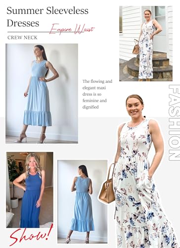 AUSELILY Womens Summer Dresses 2026 Sleeveless Maxi Dress Crewneck Casual Flowy Tiered Sundresses with Pockets