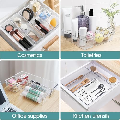 WOWBOX 25 PCS Clear Plastic Drawer Organizer Set, 4 Sizes Desk Drawer Divider Organizers and Storage Bins for Makeup, Jewe...