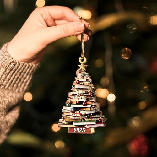 Pack 2 Book Tree Christmas Ornament (1 Wood+1 Acrylic), 2025 Bookworm Christmas Ornaments 2D Flat, Gift for Women, Book Lo...