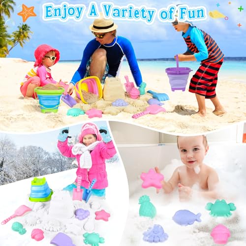 Collapsible Beach Toys for Kids, 3 Pack Foldable Sand Buckets and Shovels Set with Mesh Bag, Silicone Pails Shovels Molds,...