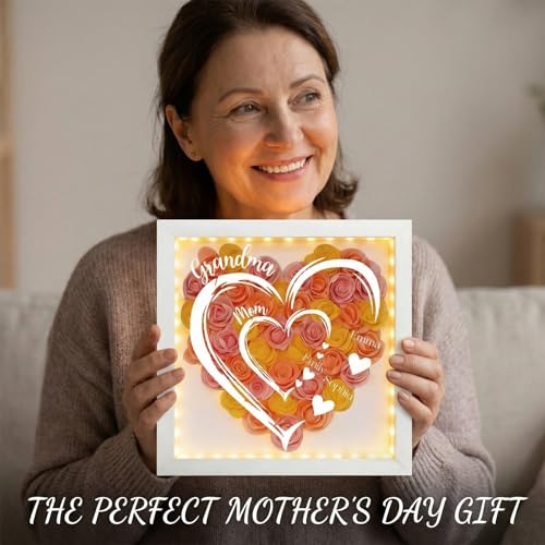 XSGIFTS Personalized Mom Grandma Flower Shadow Box With LED Light, Custom Rose Heart Frame With Kids Names, Mother's Day B...
