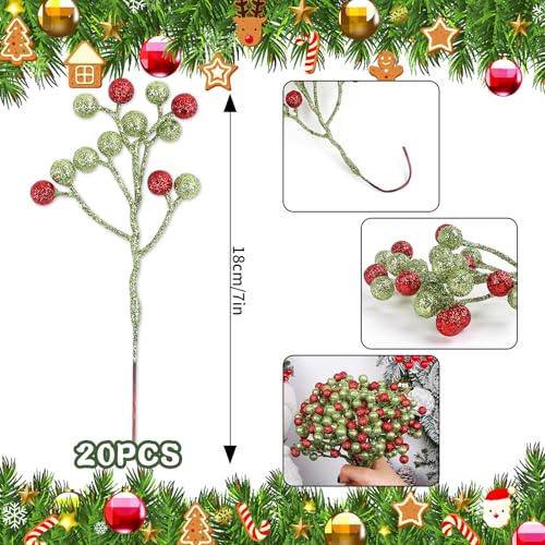 Fangoo 20 Pack 7 Inch Artificial Green Red Berry Picks for Christmas Tree Burgundy Green Red Berries Stems Holly Berry Bra...