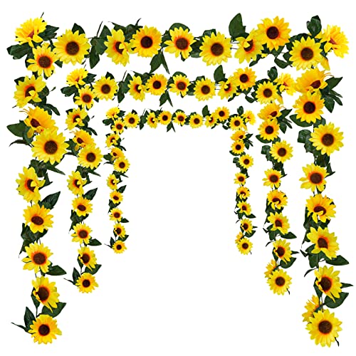 Uieke 3 Pack Artificial Sunflower Garland, 7.5ft/Strand Silk Sunflowers Hanging Vines Flowers with Green Leaves for Room K...