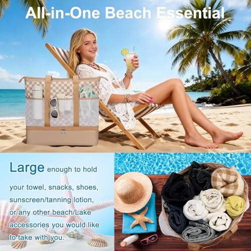 Octsky Beach Bags with Cooler Women Beach Tote Bag Waterproof Sandproof Zipper Large Pool Bag 9 Pockets