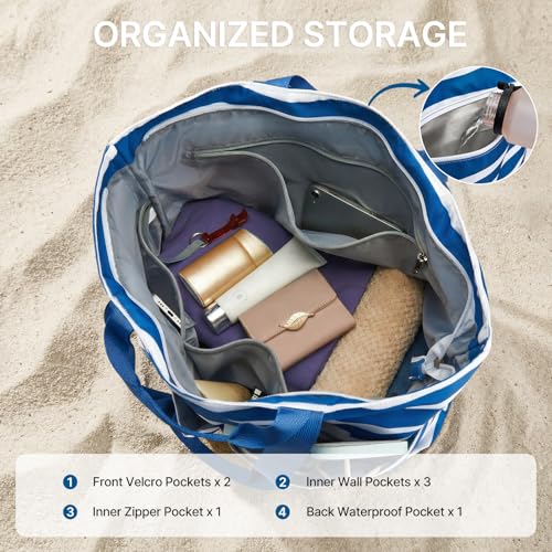 G4Free Beach Bags for Women Sandproof Foldable Beach Bag Tote with Waterproof Compartment Pool Travel