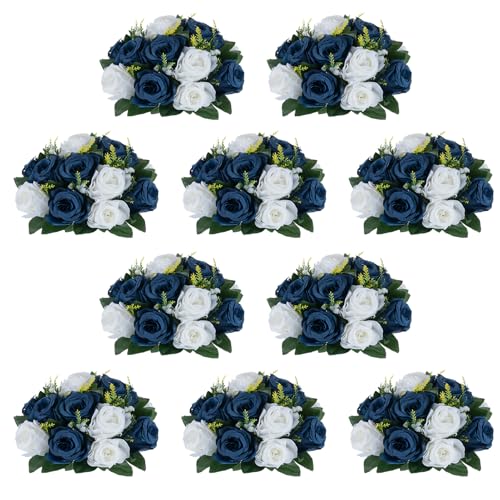 NUPTIO Artificial Flower Centrepieces for Tables - 10 Pcs Navy Blue & White Fake Flowers Roses Balls 9.5in Diameter - Silk...