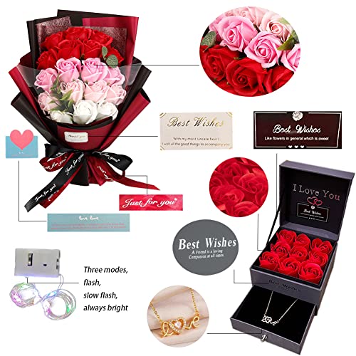 EIGHTOWN Roses Bouquet Artificial Flower - Preserved Red Rose Flowers with Love Necklace for Her - Unique Gifts Valentine'...