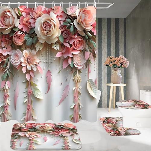 DDQQ Pink Flower Bathroom Shower Curtain Set, Romantic and Cute Rose Floral Polyester Bathroom Decor Set with Shower Curta...