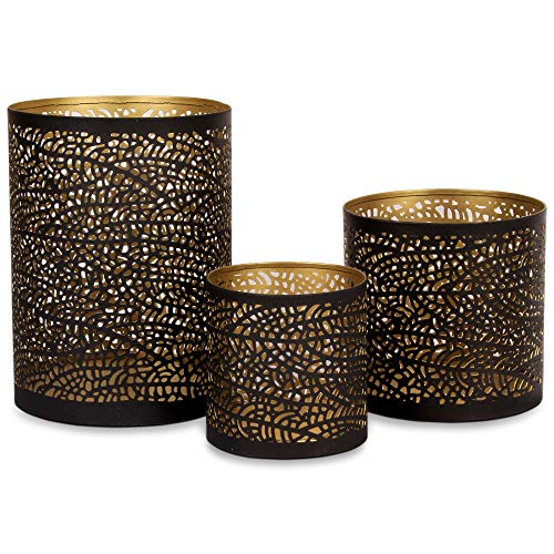 Lazy Gifts Set of 3 Black and Gold Metal Candle Holders – Decorative Tabletop Candle Holder Set for Pillar, Votive & Teali...