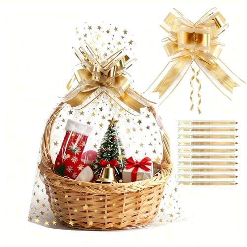 COQOFA 10 Pieces Large Cello/Cellophane Bags 18x30 Inches Clear Basket Gift Bags Gold Star Printed OPP Plastic Cellophane ...