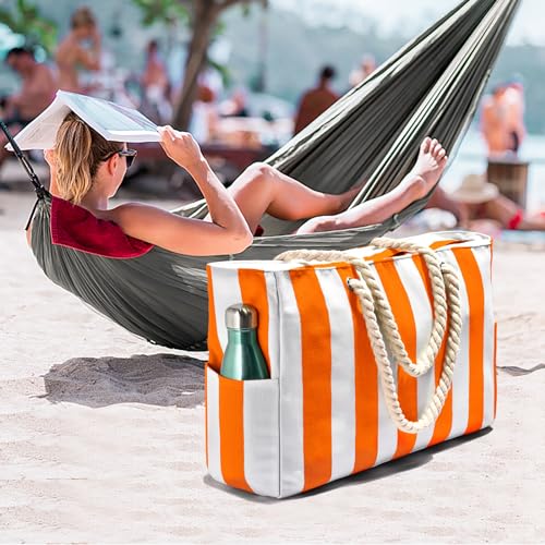 Becokan Women's Pool Swim Bag - Waterproof Sandproof Large Stripe Beach Tote with Zipper