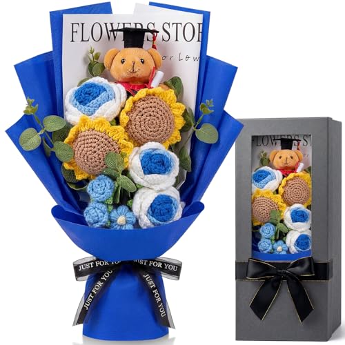 Norme Blue Graduation Crochet Flower Bouquet Gift Box, 2026 Grad Cap Bear Hand Knitted Rose Sunflower Bouquet Greeting Car...
