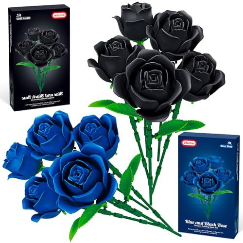 Sitodier 2 in 1 Flower Bouquet Building Set, 5pcs Black and 5pcs Blue Roses for Women Gilrs, Valentine's Day Gift for Love...