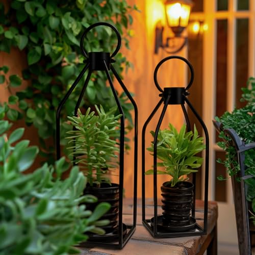 Homemory Modern Farmhouse Lantern Decor with Waterproof Flameless Candle & Remote Timer, 2PCS Black Metal Candle Lantern D...