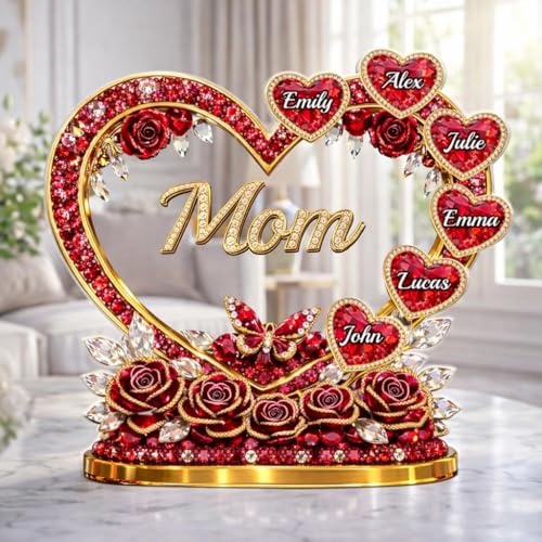 LOVELYPOD Custom Mom Heart With Crystal Roses 2D Acrylic Plaque, Personalized Grandma Plaque with Grandkid Names, Mama Gif...