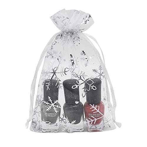 HRX Package 100pcs Snowflake Organza Gift Bags Christmas 4x6 inch, Small White Mesh Jewelry Pouches Little Drawstring Cand...