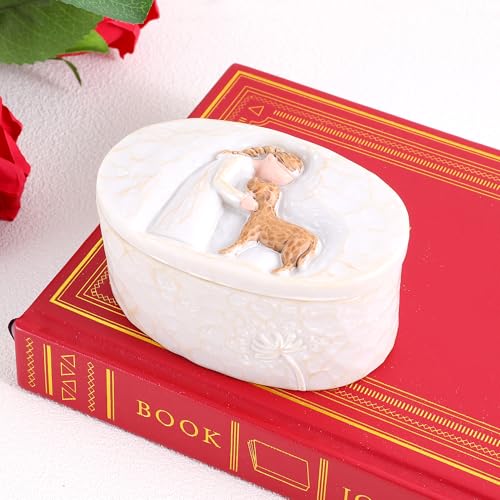 FriyGardcn Resin Keepsake Box Oval 3.82 Inch, Memorial Trinket Box for Dog Ashes Pet Hair Collar Tag, Engraved Girl with P...