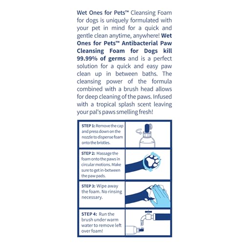 Wet Ones for Pets Antibacterial Dog Paw Cleaner with Built-in Scrubber Brush, Tropical Splash Scent - Foaming Cleanser for...