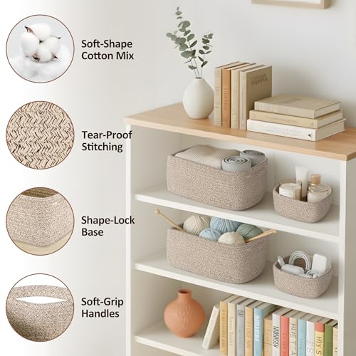 VIRETH HAUS 5-Pack Small Woven Rope Storage Baskets – 2 Sizes Organizer Bins for Closet, Shelf, Bookshelf, Nursery, Changi...