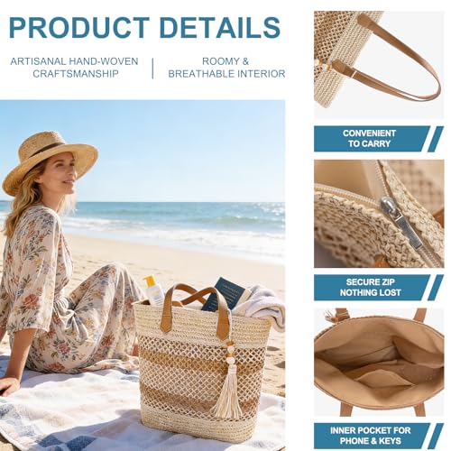shoowyees Straw Beach Tote Bag Women - 2026 Handwoven Summer Purse Handbag with Zipper Perfect for Vacation Travel Pool | ...