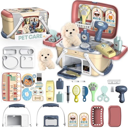 KAEGREEL Pet Care Playset, 23Pcs Pretend Play Kit with Pet Case for Treatment & Grooming, Fun Birthday for Kids Girls Aged...