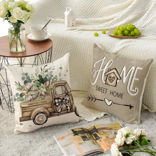AVOIN colorlife Bless Our Home Farmhouse Eucalyptus Leaves Throw Pillow Covers, 18 x 18 Inch Truck Home Sweet Home Cushion...