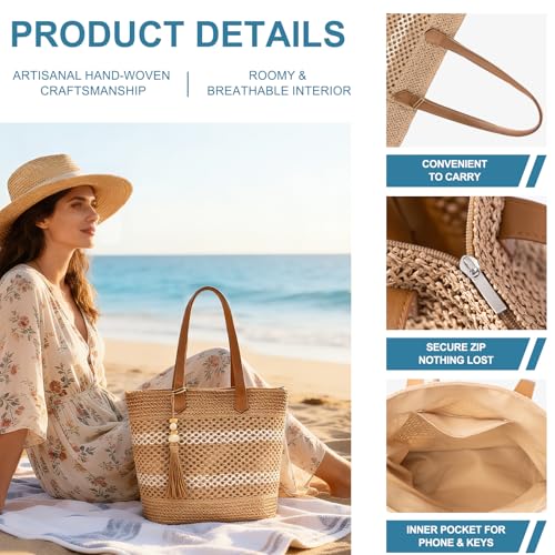 shoowyees Straw Beach Tote Bag Women - 2026 Handwoven Summer Purse Handbag with Zipper Perfect for Vacation Travel Pool | ...