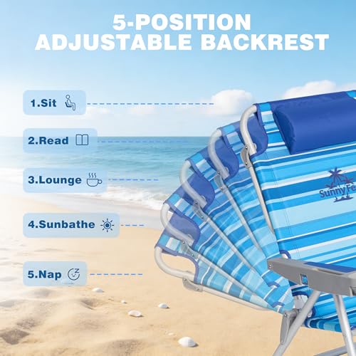SUNNYFEEL Extra Wide 28" Low Beach Chair 5 Position Lay Flat, XL Oversized Portable Folding Camping Chairs with Cup Holder...