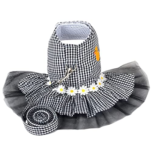 Small Dog Dress with Leash Set Adjustable Dog Harness Dress with D Ring Breathable Walk Doggie Outfits for Puppy Girl and ...
