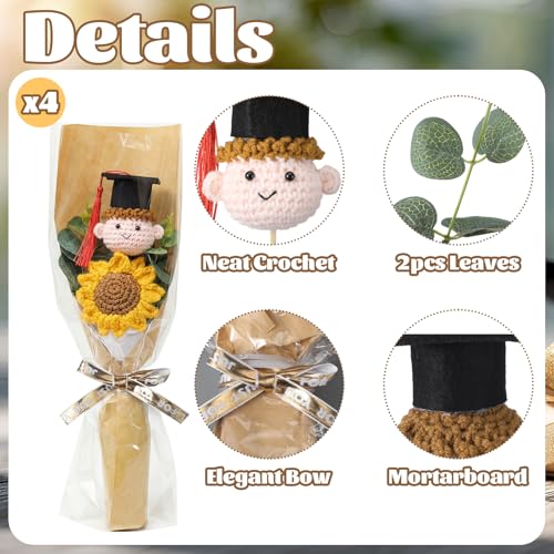 Yinder 4 Set Graduation Gifts Crochet Flower Bouquet Handmade Knitted Sunflower Bouquet 2026 Grad Gift for Her or Him Midd...