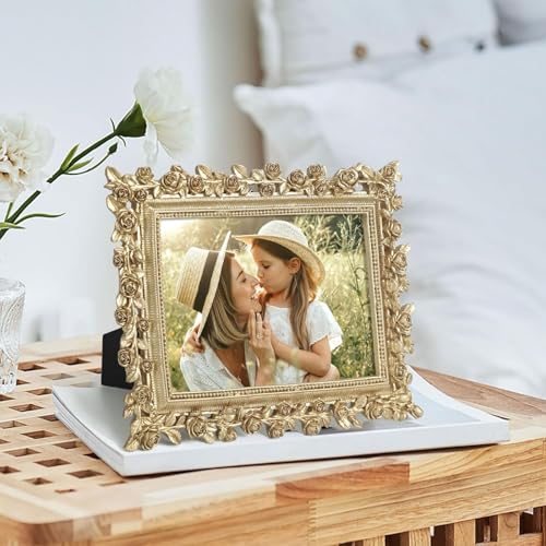 FOLKOR 5x7 Wedding Frame Gold, 2 Pack Decorative Picture Frame with Stand for Tabletop Shelf Decor, Antique Brass Floral P...