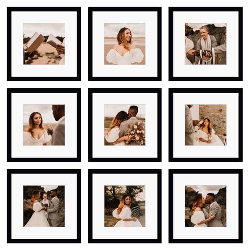 BSRHOME 12x12 Picture Frame Set of 9, Display Pictures 8x8 with Mat or 12x12 without Mat, Multi Collage Gallery Square Pho...