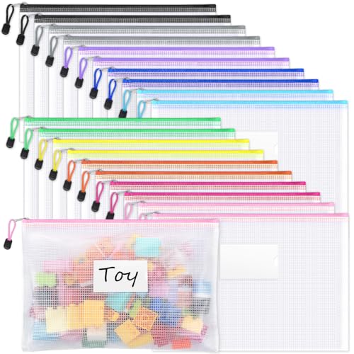 Sooez 20 Pack Mesh Zipper Pouch Bags, A4 Letter Size, Zipper Bags with Label Pocket, Waterproof Pouches for Classroom Orga...