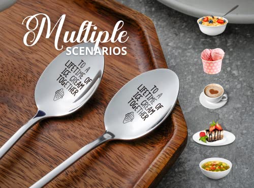 INNObeta Engraved Ice Cream Spoons, Gifts for Couple, 2 Pcs Stainless Steel Coffee Spoon, To a Lifetime of Ice Cream Together