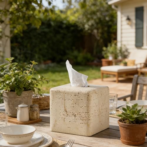 Natural Travertine Textures Tissue Box Cover Square for Home Decor,Resin Heavy Tissue Box Holder for Bathroom Countertop,T...