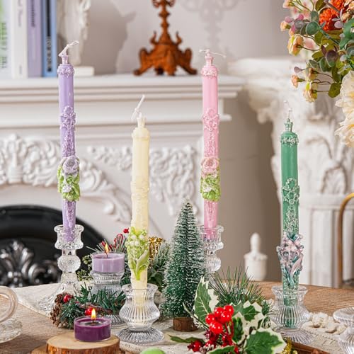 Sungmor Handcrafted Decorative Taper Candles – 9 Inch Floral Embossed Set of 4, Elegant Wedding & Home Décor Candles, Mult...