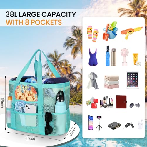 Tavaleu Mesh Beach Bag - Large Beach Tote with Multi Functional Pockets for Family Travel/Vacation