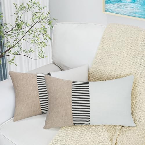 Farmhouse Decorative Lumbar Throw Pillow Covers 18x18 Set of 2, Boho Modern Accent Square Pillow Covers Black and Beige St...