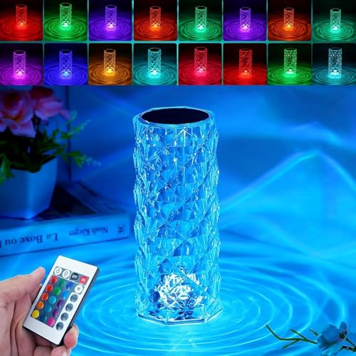 Crystal Table Lamp Touch, 16 Color Changing Night Light, Rechargeable, Dimmable, RGB Rose Diamond Ambient Mood Lighting, P...