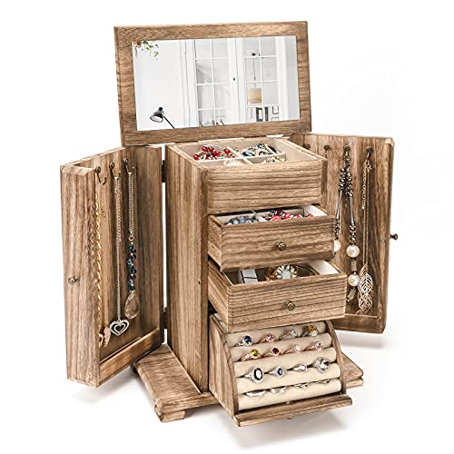 Emfogo Jewelry Box for Women, Rustic Wooden Jewelry Boxes & Organizers with Mirror, 4 Layer Jewelry Organizer Box Display ...