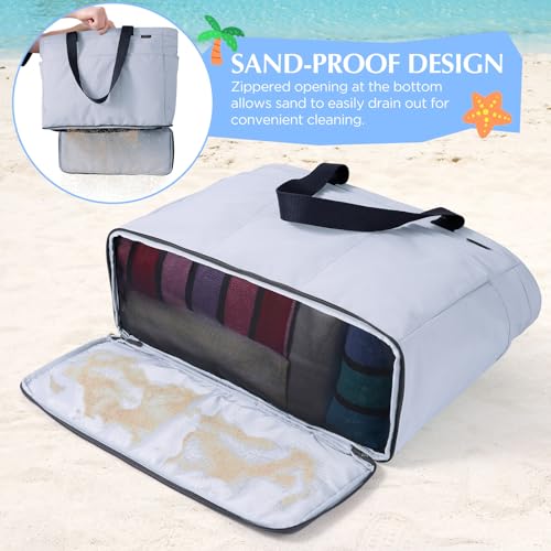 GAGAKU XL Beach Bag with Zipper & Cooler Compartment, Sand-Proof Foldable Large Tote Bag for Cruise, Travel, Family, Women