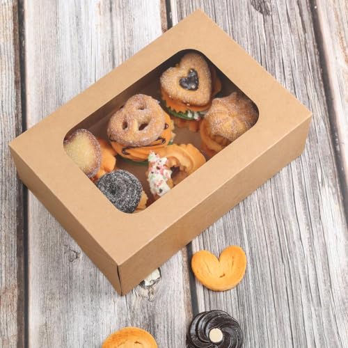 YEKTFS 24 Pcs Cookie Boxes with Window for Paper Gift Giving Brown Bakery Gift Boxes 9 x 6.3 x 3 Inch, Easy Estate Holiday...
